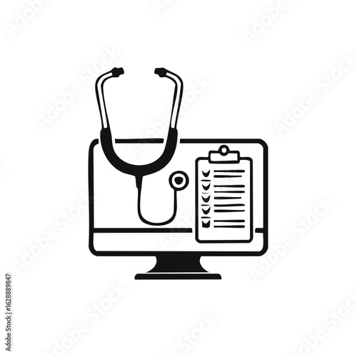 Telemedicine Online Healthcare Monitor Stethoscope Checklist Icon Illustration