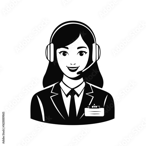 Smiling female customer service agent wearing headset and professional suit icon illustration