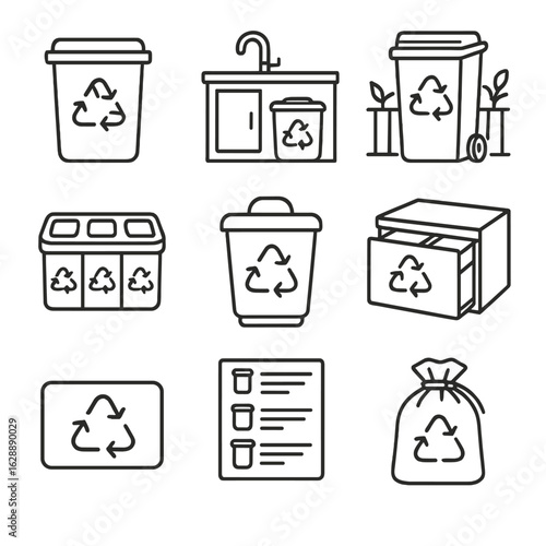 Reusable bin icon liner kitchen sorter sticker icons vector small recycling set
