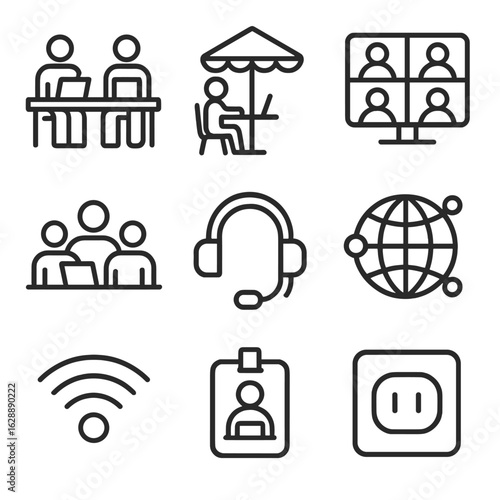 Setup icon desk icons mic café hotspot coworking group vector collection outdoor