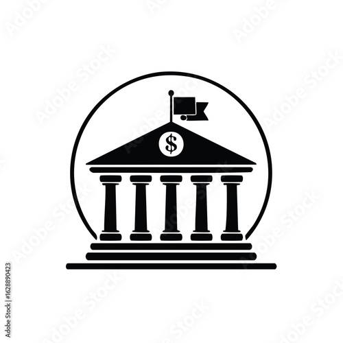 Classic Bank Building Icon with Dollar Sign and Flag Symbolizing Finance and Business