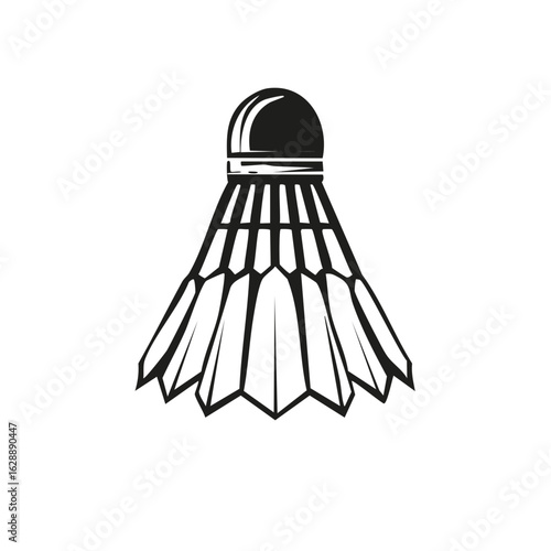 Simple black and white vector illustration of a badminton shuttlecock icon. Stylized sports equipment for game and recreation.