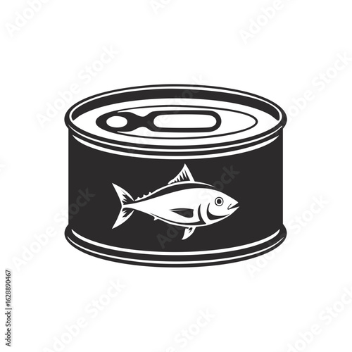 Canned tuna fish icon with pull tab lid. Black and white vector food illustration.