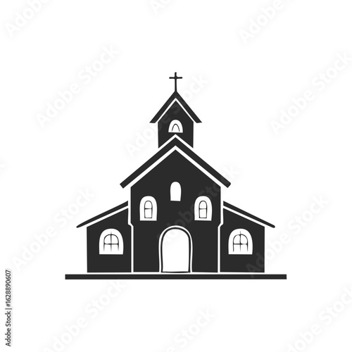 Black and white silhouette of a traditional church building with a steeple and cross