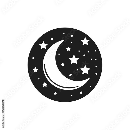 Stylized crescent moon and stars graphic on a dark background, celestial, night sky