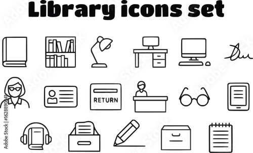 Set of  icons line library including book, bookshelf, desk lamp, desk, computer, signature, librarian, library card, return box, front desk, eyeglasses, ebook reader, audiobook, file drawer 