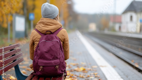 Autumn solo traveler sitting on train platform bench with backpack in peaceful setting