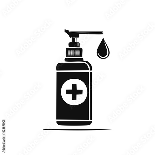 Hand sanitizer pump bottle with medical cross icon dispensing a drop of antiseptic gel for hygiene and health