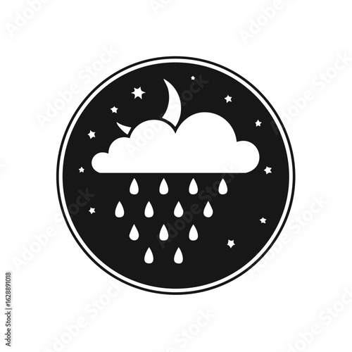 Black and White Night Rain Cloud Icon with Moon and Stars Weather Forecast Symbol
