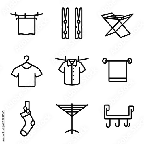Drying dryer clip clothesline shirt hanger rack hook vector set laundry icon