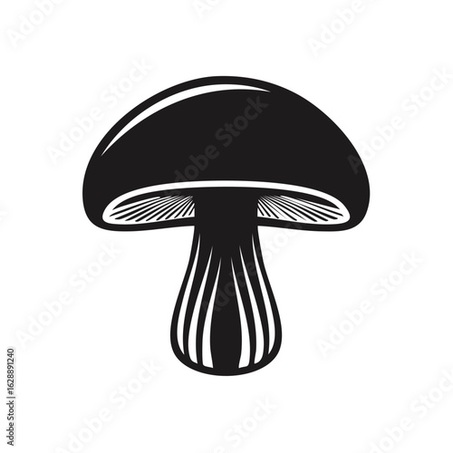 Stylized black and white illustration of a mushroom with gills and a textured stem