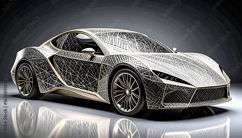 Naklejka premium Abstract car with unique artistic patterns, blending modern design and creative expression. Perfect for conceptual art, futuristic visuals, advertising, and imaginative automotive projects.