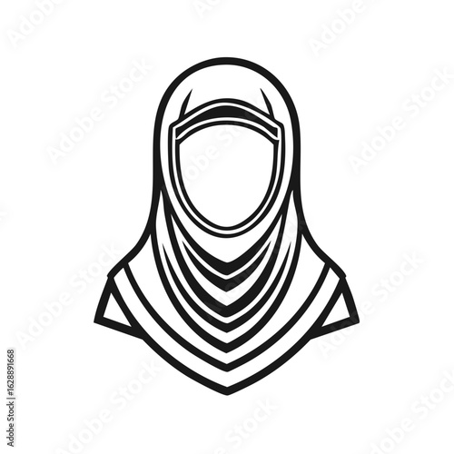 Stylized Islamic Hijab and Niqab Head Covering Icon in Black and White