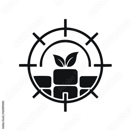 Eco-friendly target icon with leaves, bricks, and a crosshair design in black