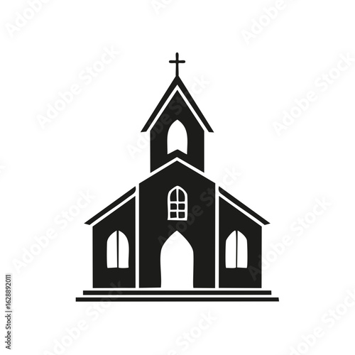 Black Silhouette Icon of Christian Church Building with Cross and Steeple