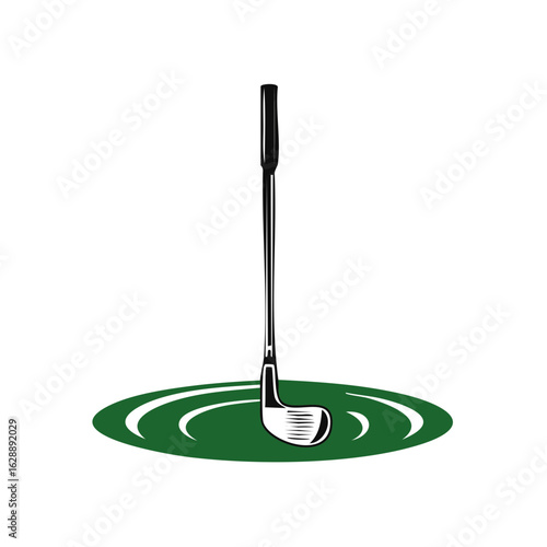 Golf club poised to strike on a green fairway with swirling lines
