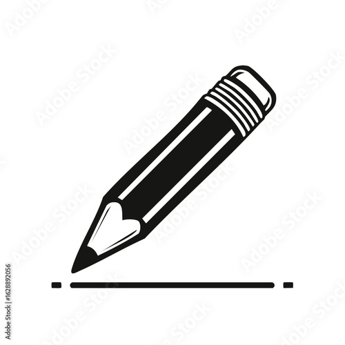 Simple black and white vector icon of a graphite pencil with an eraser drawing a straight line