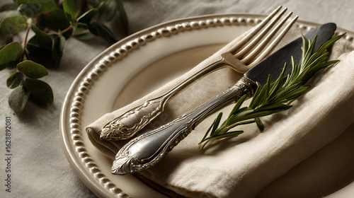 Elegant table setting with a vintage fork, knife, and rosemary sprig on a linen napkin and plate.