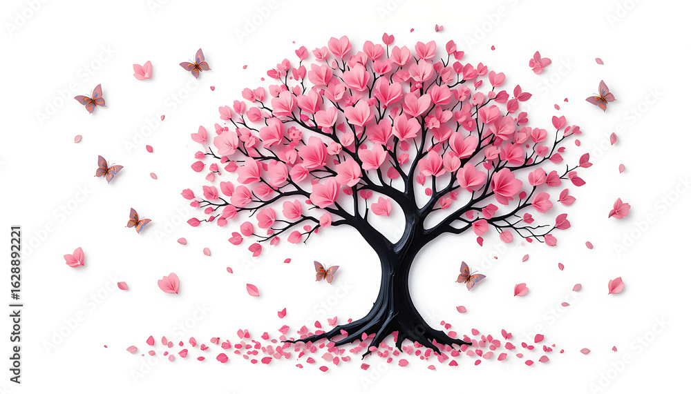 Fototapeta premium Pink Blossom Tree with Butterflies.
