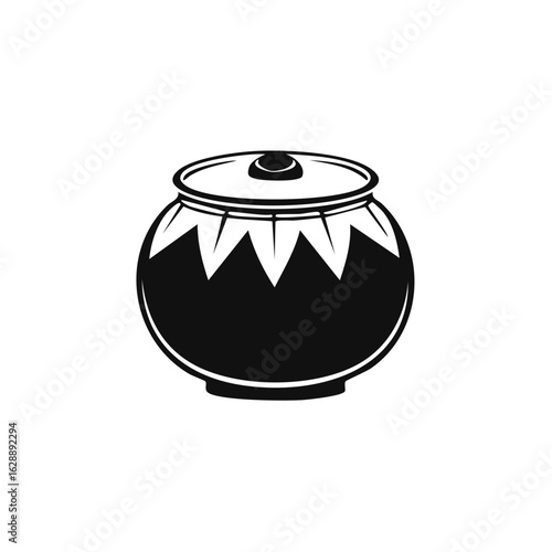 Traditional Indian earthen pot with a decorative pattern, black and white vector icon illustration
