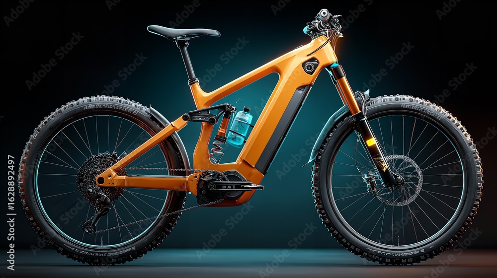 Fototapeta premium An orange electric mountain bike embodying freedom and outdoor adventures on transparent background