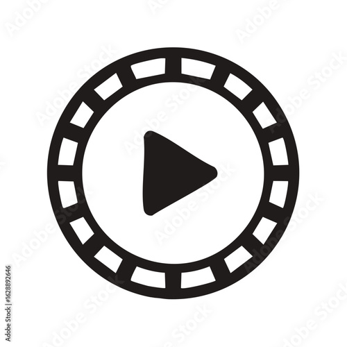 Black play button icon within a circular film strip symbol for video media interface