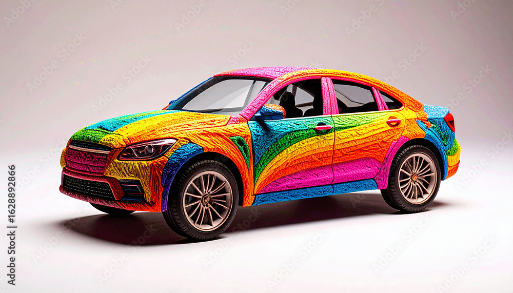 Fototapeta premium Vibrant abstract car with bold multicolor patterns, blending modern design and artistic expression. Perfect for conceptual art, futuristic visuals, and creative advertising.