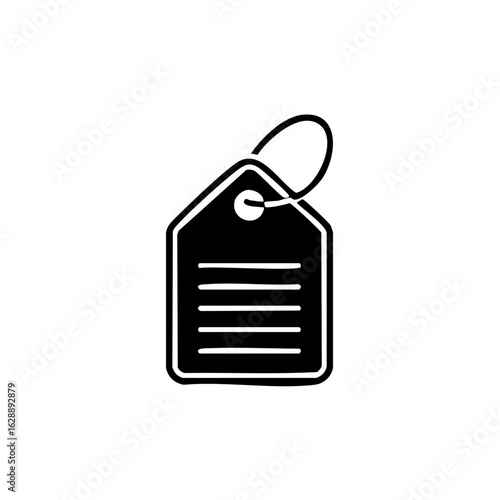Black price tag label icon with text lines for pricing retail and shopping discounts