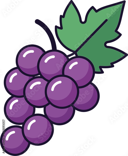 A cluster of ripe purple grapes with a vibrant green leaf.