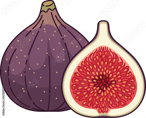 A whole and halved fig, showcasing its purple skin and vibrant red interior.