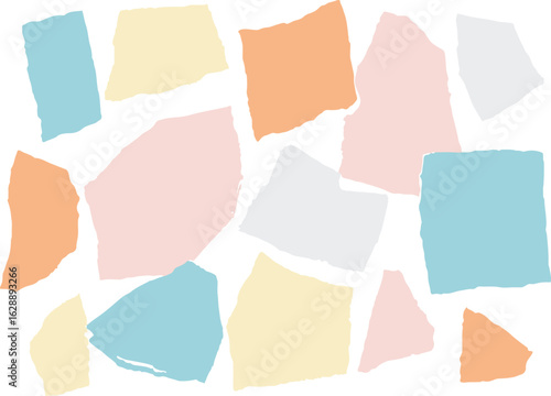 Abstract collage of torn paper shapes in pastel colors isolated on transparent background
