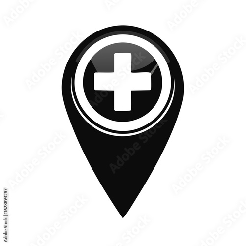 Black map pin icon with a white medical cross symbol for healthcare navigation and emergency location