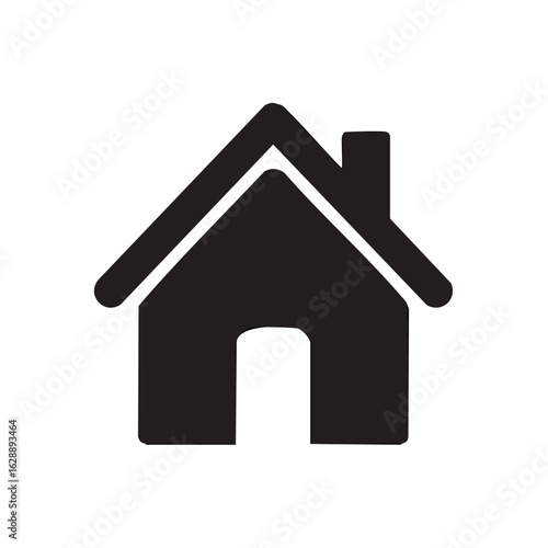 Simple Black House Icon with Chimney and Rounded Doorway, Home Symbol for Real Estate and Family, Minimalist Design