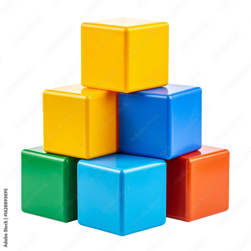 Obraz premium Stack of six colorful plastic cubes isolated on transparent background