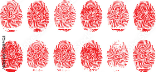 Collection of red fingerprints isolated on transparent background