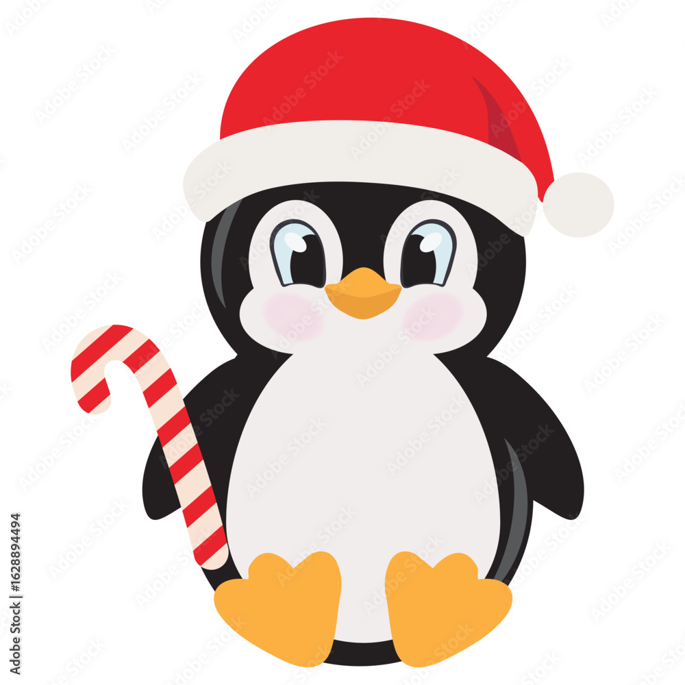Naklejka premium Cute little baby penguin in Christmas hat vector cartoon illustration