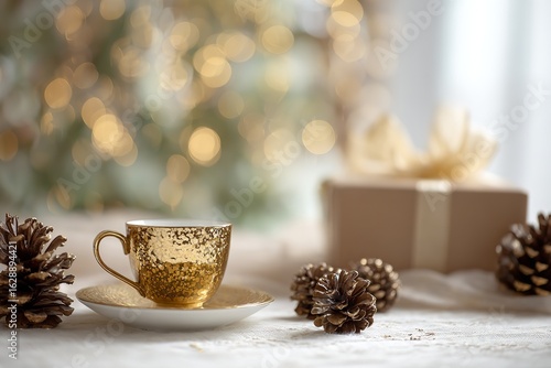 Wallpaper Mural Festive Holiday Still Life with Golden Cup, Gift, and Pine Cones Arrangement Torontodigital.ca