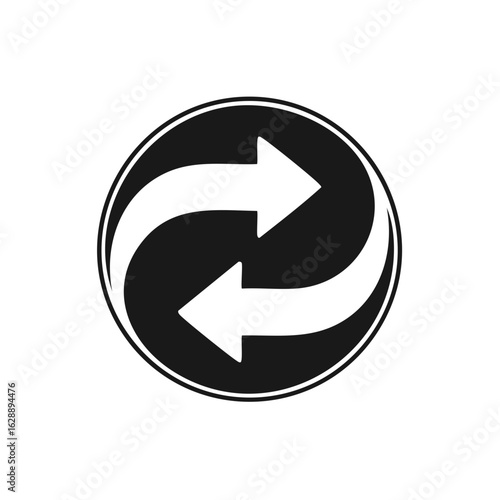Circular icon with white curved arrows, black background.