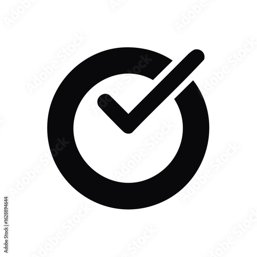 Black checkmark inside circle icon graphic. Correct complete approved verified symbol.