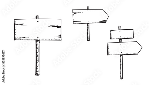 Hand Drawn wooden Sign board Vector Set – Black and White Outline of Wooden Arrow Boards.

