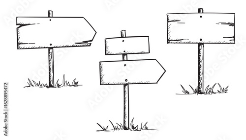 Hand Drawn wooden Sign board Vector Set – Black and White Outline of Wooden Arrow Boards.

