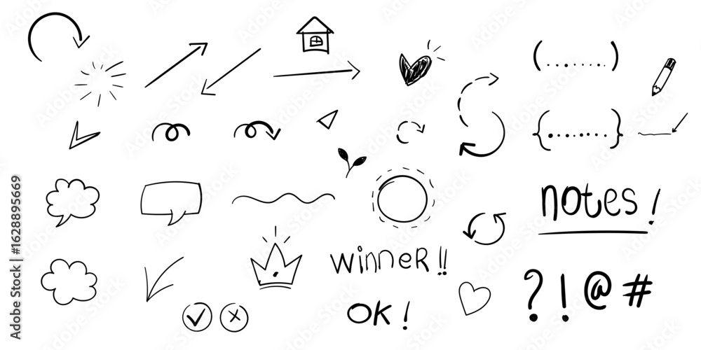 Naklejka premium Hand Drawn Doodle Elements Vector Set – Sketch Arrows, Lines, Clouds, Stars, and Decorative Symbols.