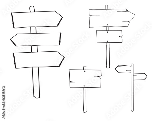 Hand Drawn wooden Sign board Vector Set – Black and White Outline of Wooden Arrow Boards.

