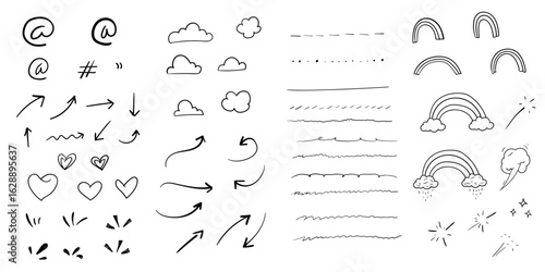 Hand Drawn Doodle Elements Vector Set – Sketch Arrows, Lines, Clouds, Stars, and Decorative Symbols.