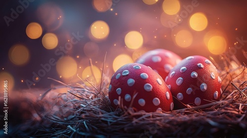 Decorated eggs in a nest. AI.