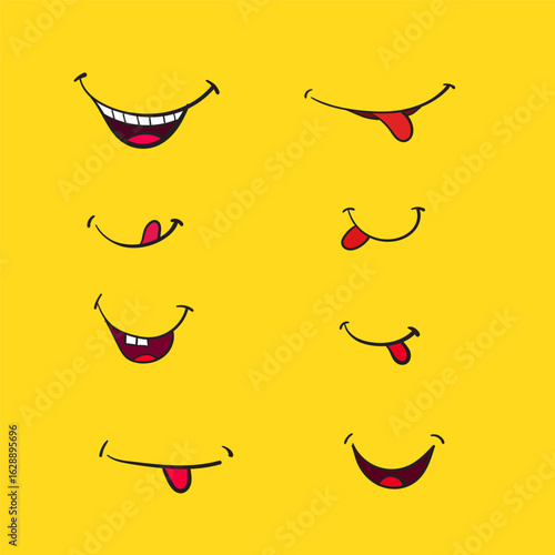 Funny Cartoon Mouth Expressions Vector Set – Hand Drawn Smiling and Tongue Faces on Yellow Background.

