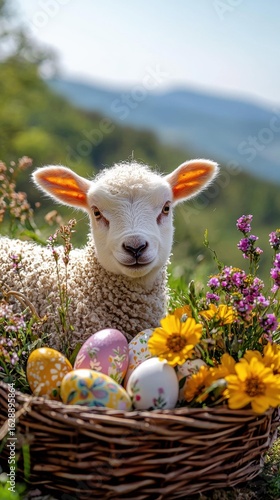 Cute lamb in a nest of colorful eggs. AI.