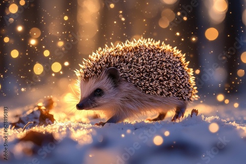 A hedgehog in the snow. AI.