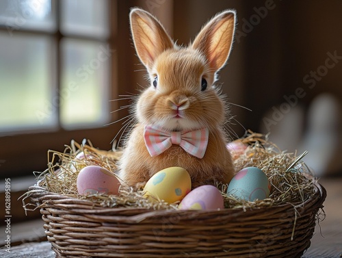 Cute bunny with Easter eggs. AI.