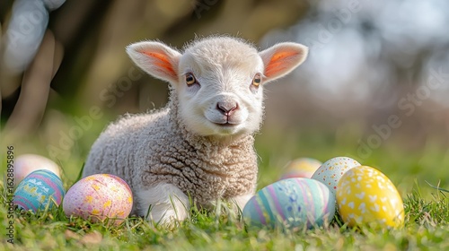 Cute lamb with Easter eggs. AI.